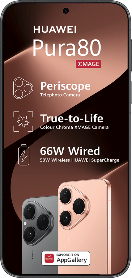 Huawei Pura 80 phone, XMAGE camera (periscope, true-to-life), 66W wired/50W wireless charging.