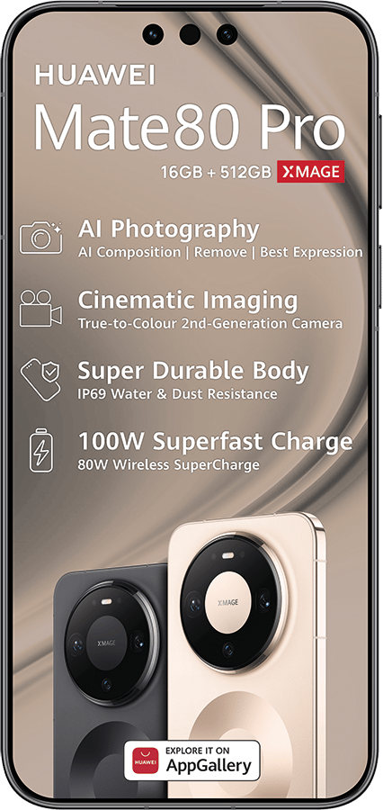 Huawei Mate 80 Pro showcasing AI photography, cinematic imaging, durable body, superfast charge, and dual phones.
