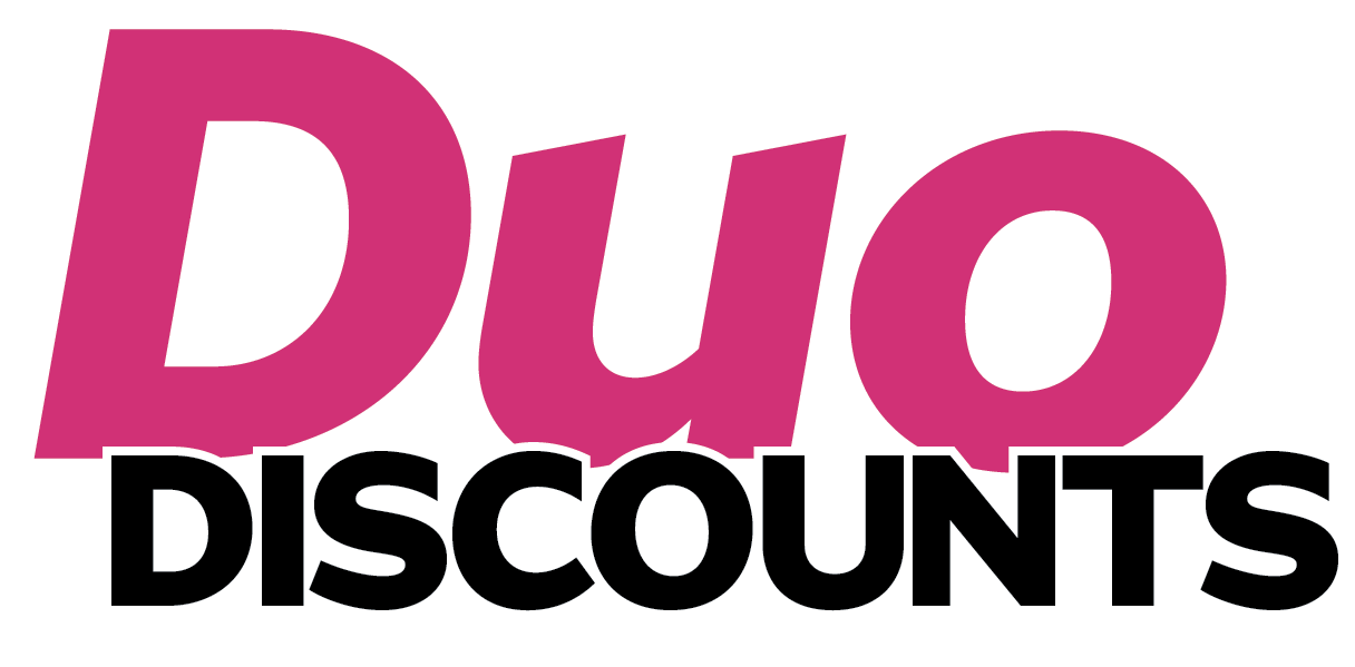 Duo Discounts logo with 'Duo' in large pink and 'DISCOUNTS' in smaller black, both with white outlines.