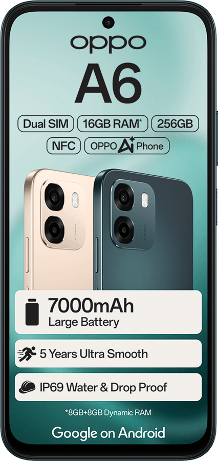 Oppo A6 smartphone: 16GB RAM, 256GB, Dual SIM, NFC, 7000mAh battery, IP69 water & drop proof.