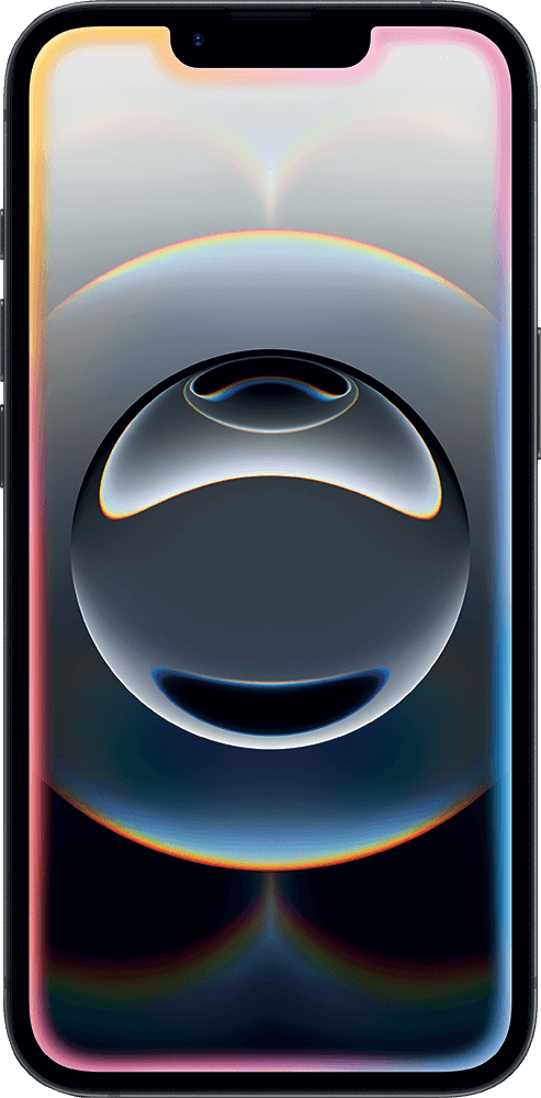 iPhone with abstract wallpaper: dark, glossy spheres with colorful reflections.