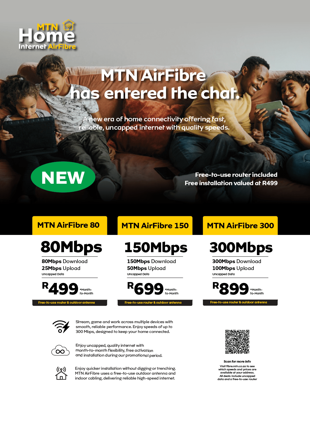 MTN AirFibre ad showing a family on a couch, promoting uncapped internet packages and features.