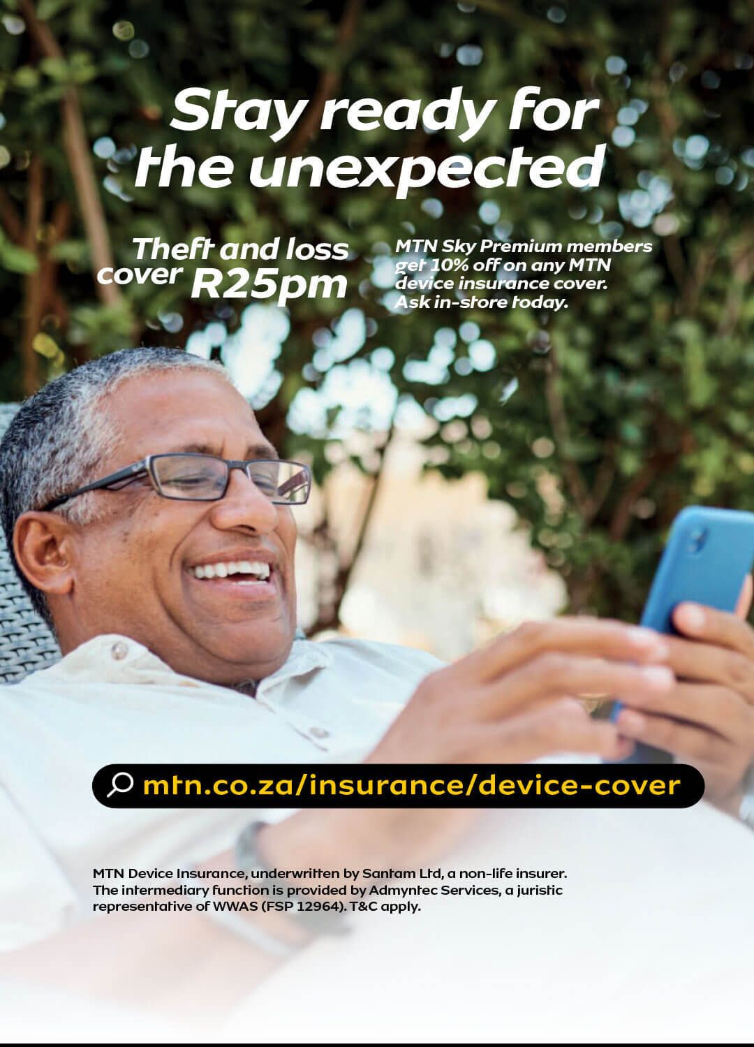 An older man happily uses his phone, promoting MTN device insurance against theft/loss from R25pm.