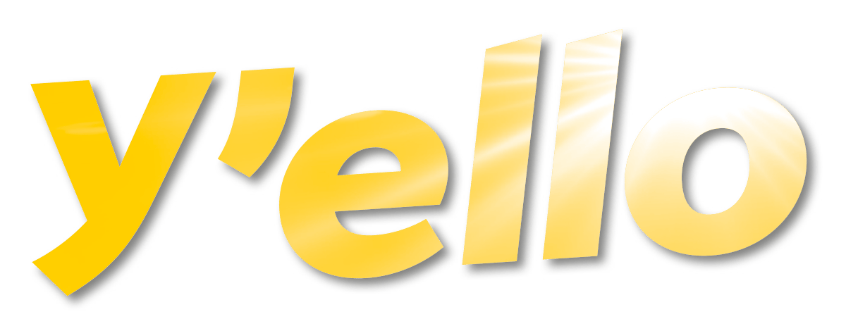 Stylized yellow text spelling 'y'ello' with black outline and highlights.