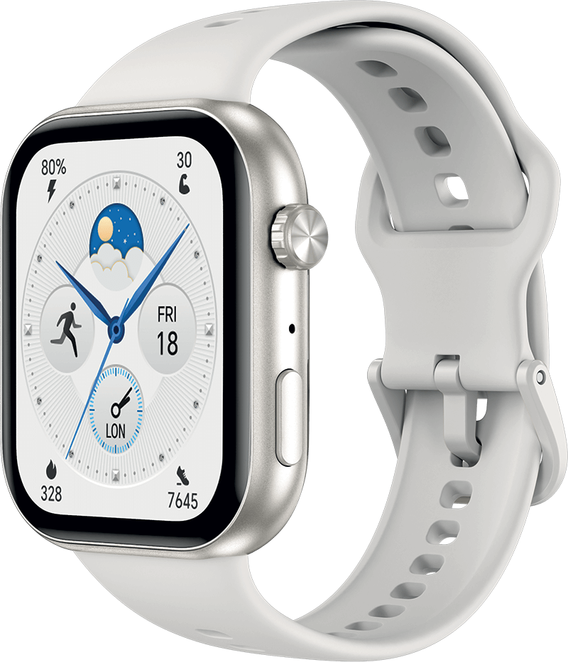A white smartwatch with a silver case and white band, displaying a moon, clouds, date, and fitness stats.