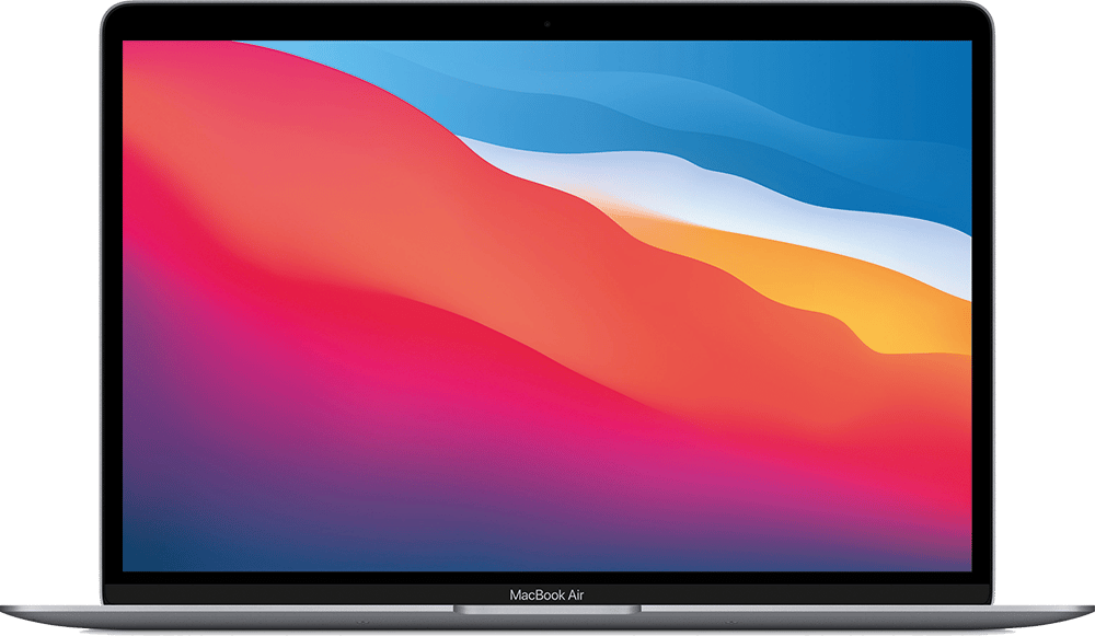 Silver MacBook Air laptop showing a colorful abstract screen wallpaper.