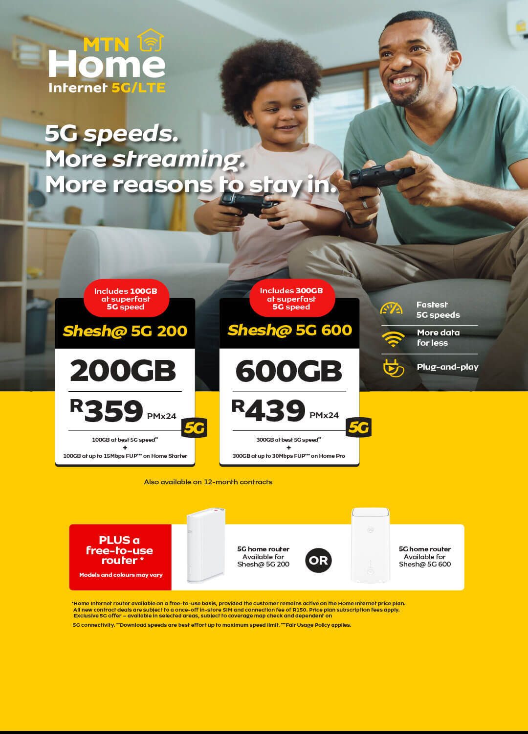 Father and son gaming while advertising MTN Home Internet 5G/LTE data plans and free router offers.