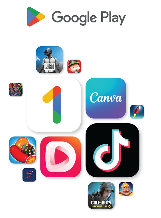 Google Play logo with various popular app icons including PUBG, Canva, TikTok, and Candy Crush.