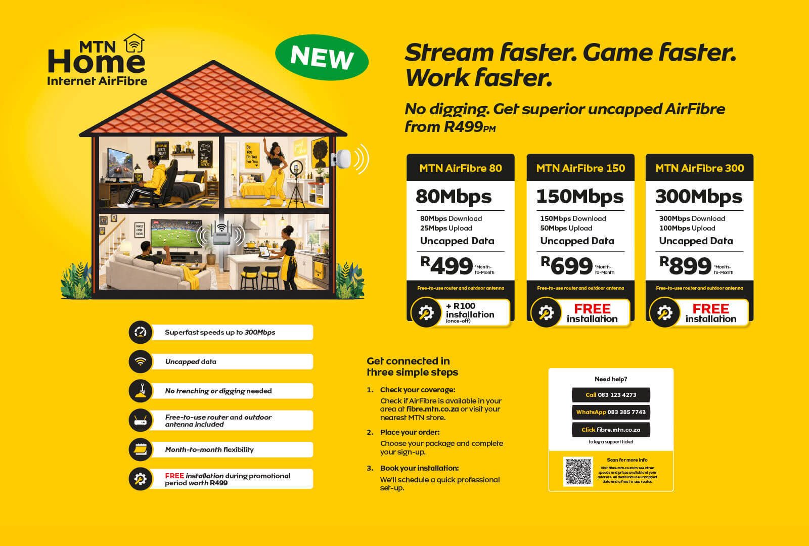MTN Home AirFibre ad: uncapped plans (80, 150, 300Mbps) from R499/month, features, and connection steps.
