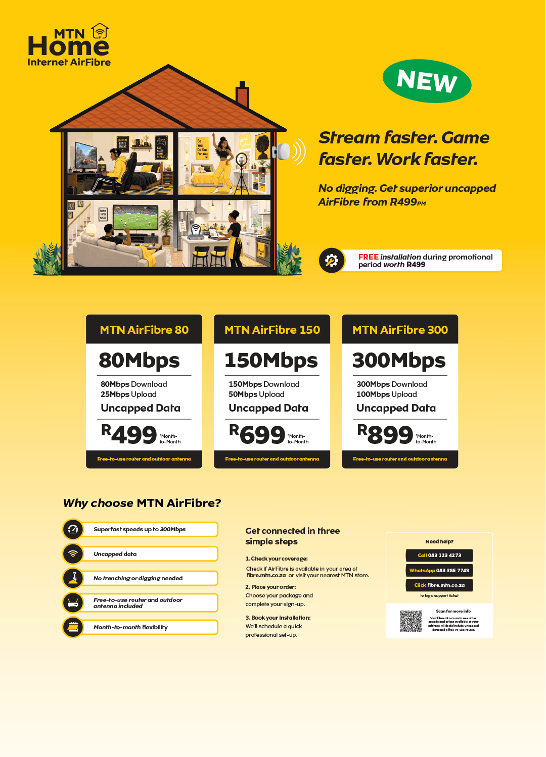 MTN AirFibre ad showing a house with people using internet, pricing plans (80, 150, 300Mbps), and benefits.