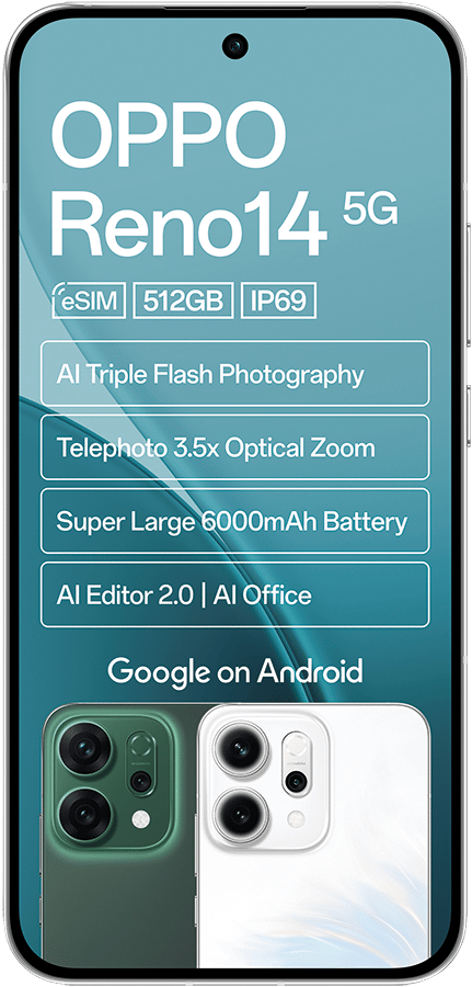 OPPO Reno14 5G smartphone showcasing features like 512GB, 6000mAh battery, AI camera, and two colors.