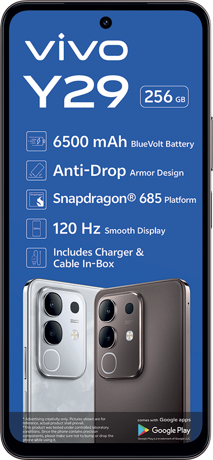 Vivo Y29 phone ad: 256GB, 6500mAh battery, Snapdragon 685, 120Hz display, anti-drop design.