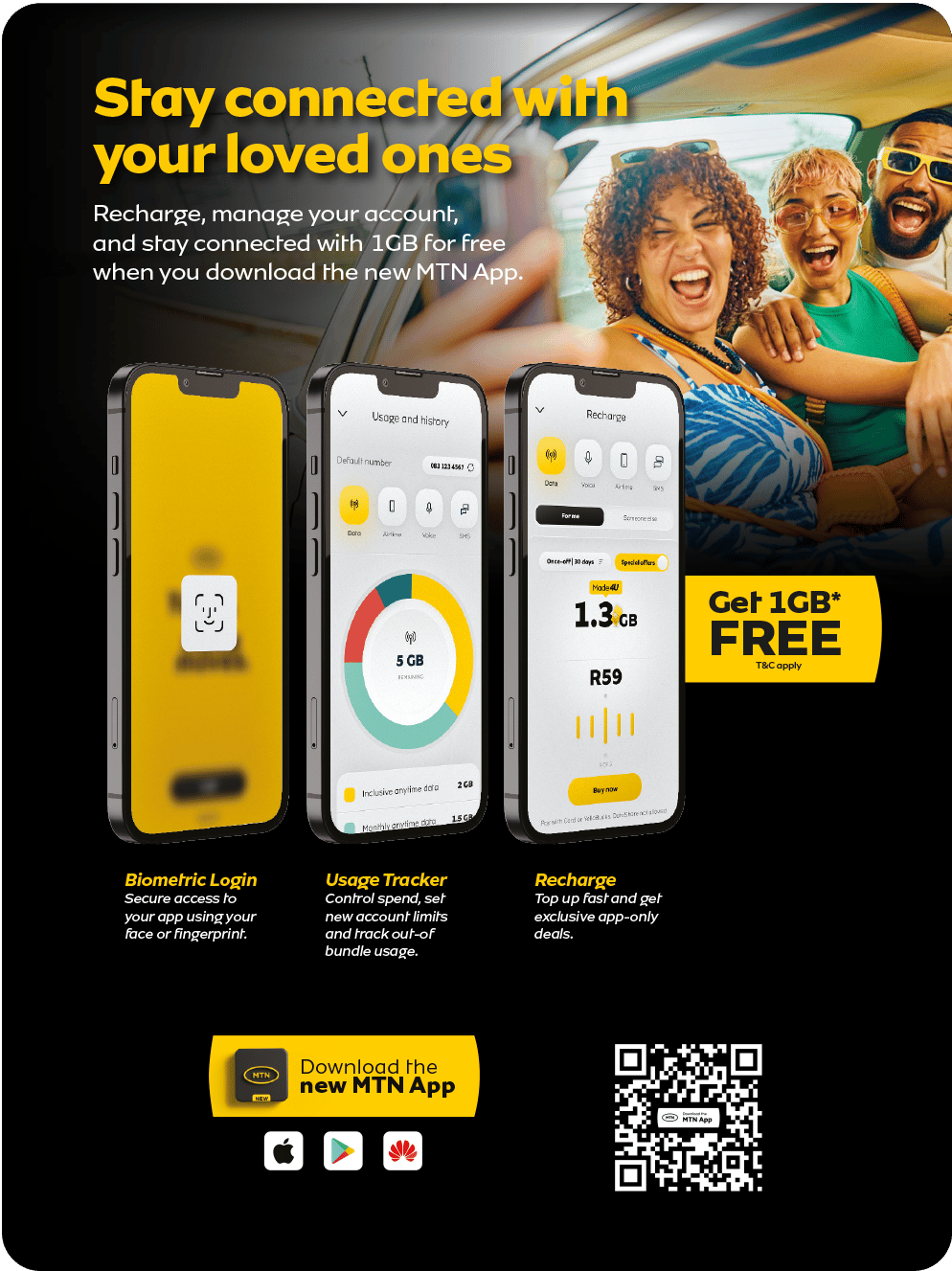 MTN App offers biometric login, usage tracking, and recharge, with 1GB free data upon download.