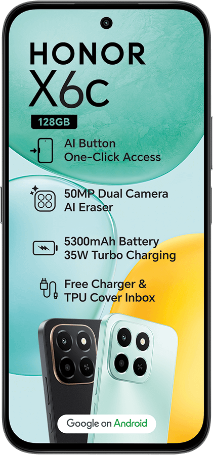 HONOR X6c smartphone featuring 128GB, 50MP camera, 5300mAh battery, AI button, and free charger.