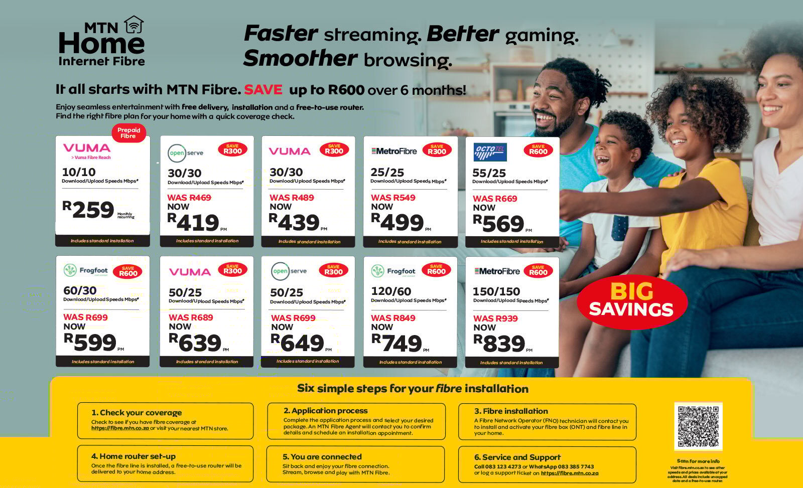 MTN Home Internet Fibre ad with packages, savings, and a family enjoying high-speed internet.