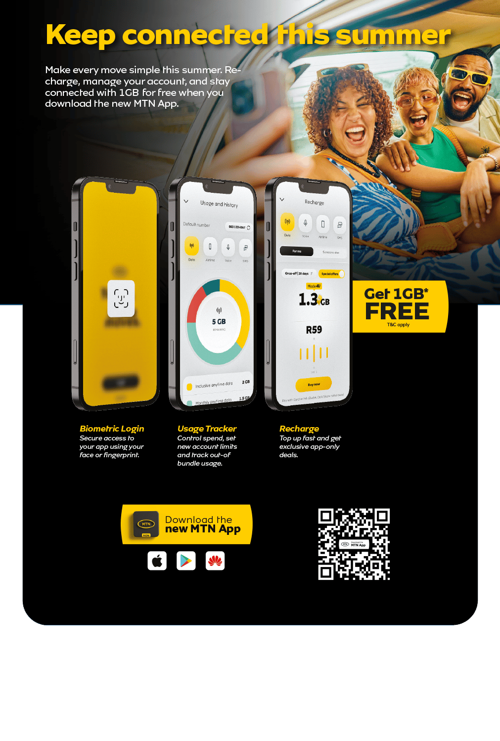 MTN App ad: Happy people in a car, app UI on phones, promoting 1GB free download for summer.