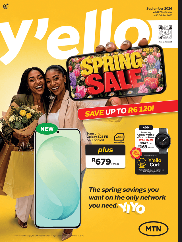 Women promoting MTN's Y'ello Spring Sale with Samsung Galaxy S26 FE and Watch 9 deals.