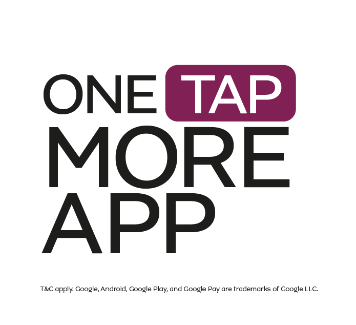 Text 'ONE TAP MORE APP' with 'TAP' highlighted in purple, indicating ease of use for an application.