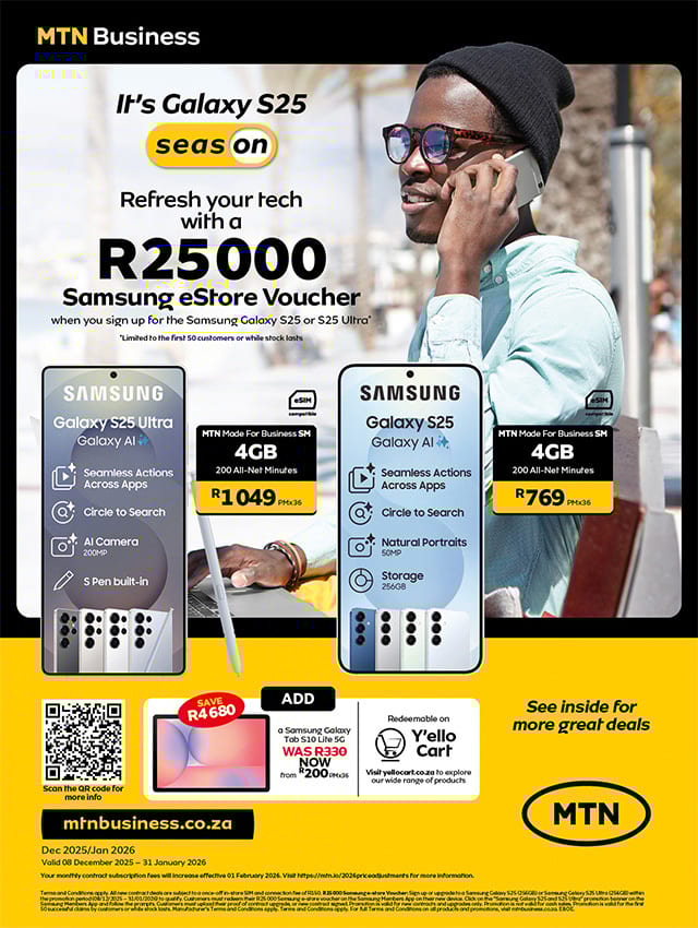 MTN Business ad: Samsung Galaxy S25/Ultra deals with R25000 voucher, starting R769/month.