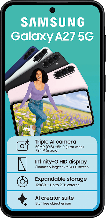 Samsung Galaxy A27 5G ad showcasing triple AI camera, Infinity-O display, expandable storage, and AI creator suite.
