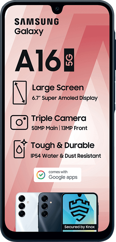 Samsung Galaxy A16 5G phone details: 6.7" AMOLED, 50MP camera, IP54, Google apps, Knox.