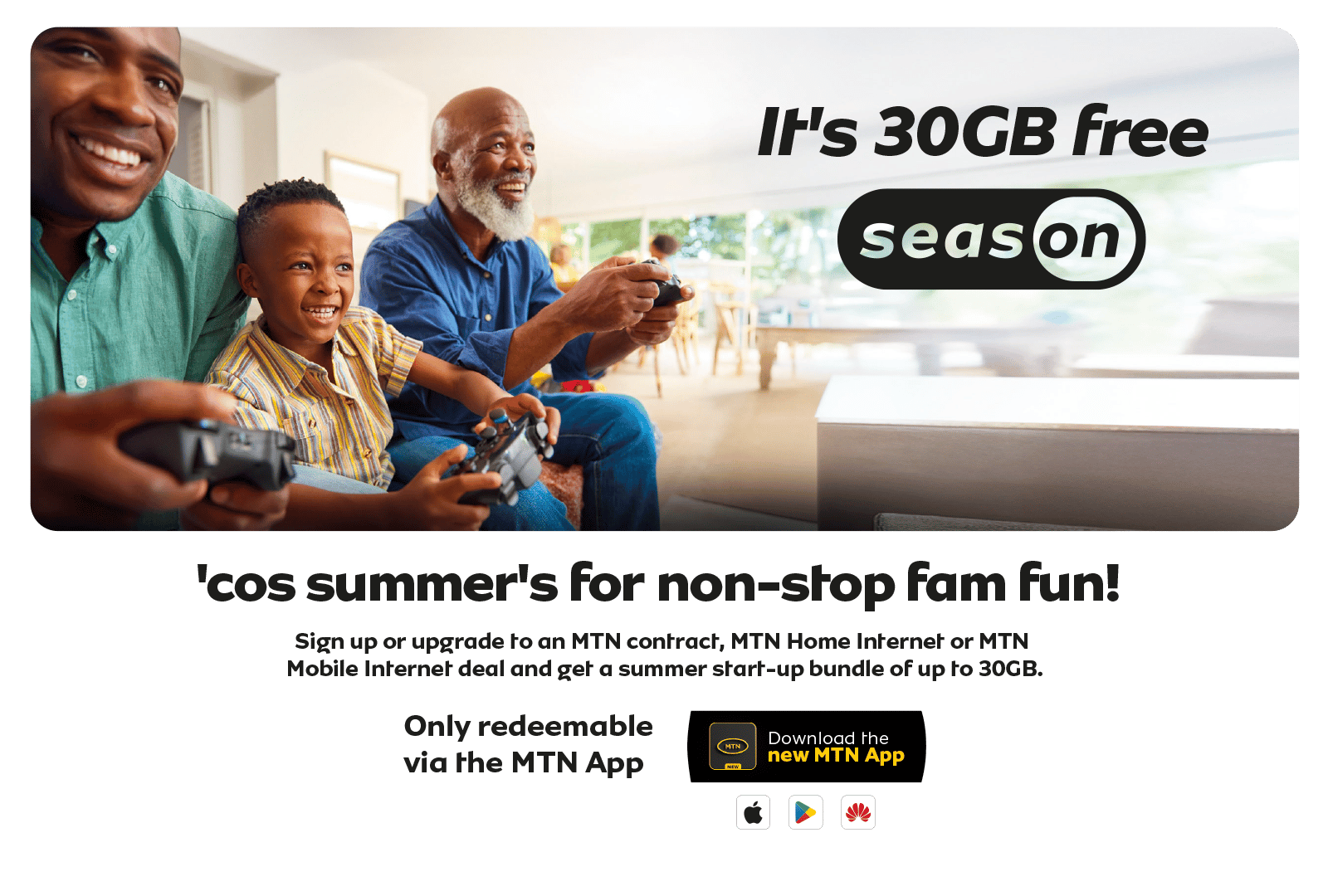MTN ad: Three generations playing video games, promoting 30GB free data and the MTN app.