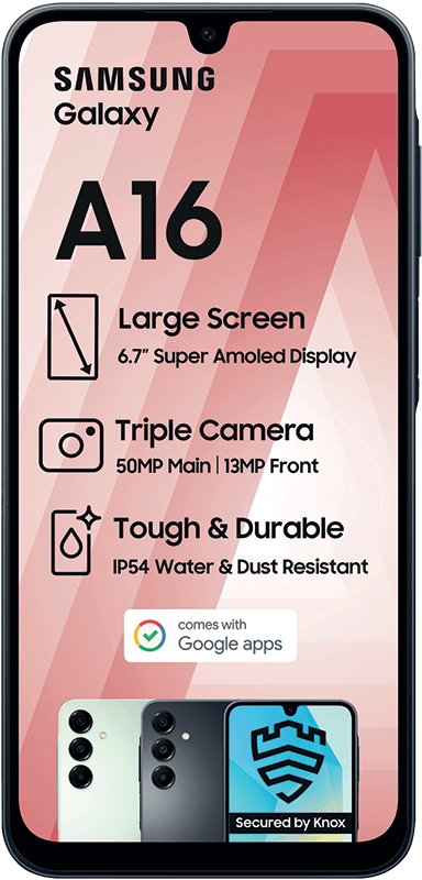 Samsung Galaxy A16 phone. Key features: 6.7" display, triple camera, IP54, Knox security.
