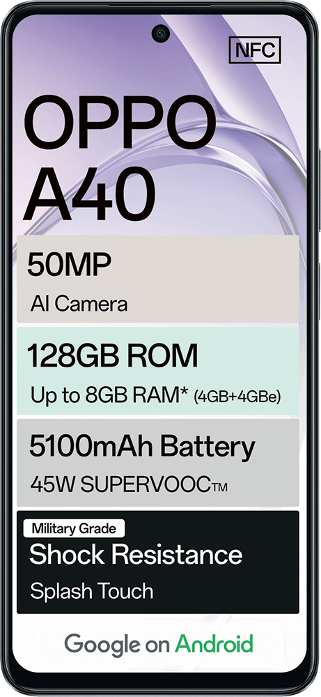 OPPO A40 smartphone with 50MP AI camera, 5100mAh battery, 128GB ROM, and shock resistance.