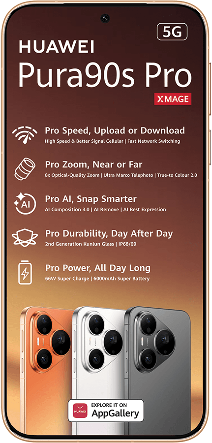 Ad for Huawei Pura90s Pro 5G smartphone, detailing its speed, zoom, AI, durability, and power features.
