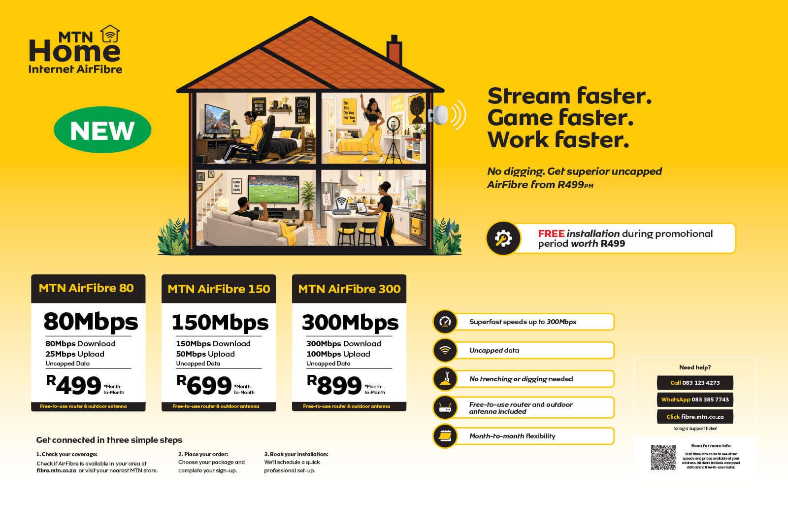 MTN Home Internet AirFibre ad showing internet speeds, pricing, features, and an illustrative house.