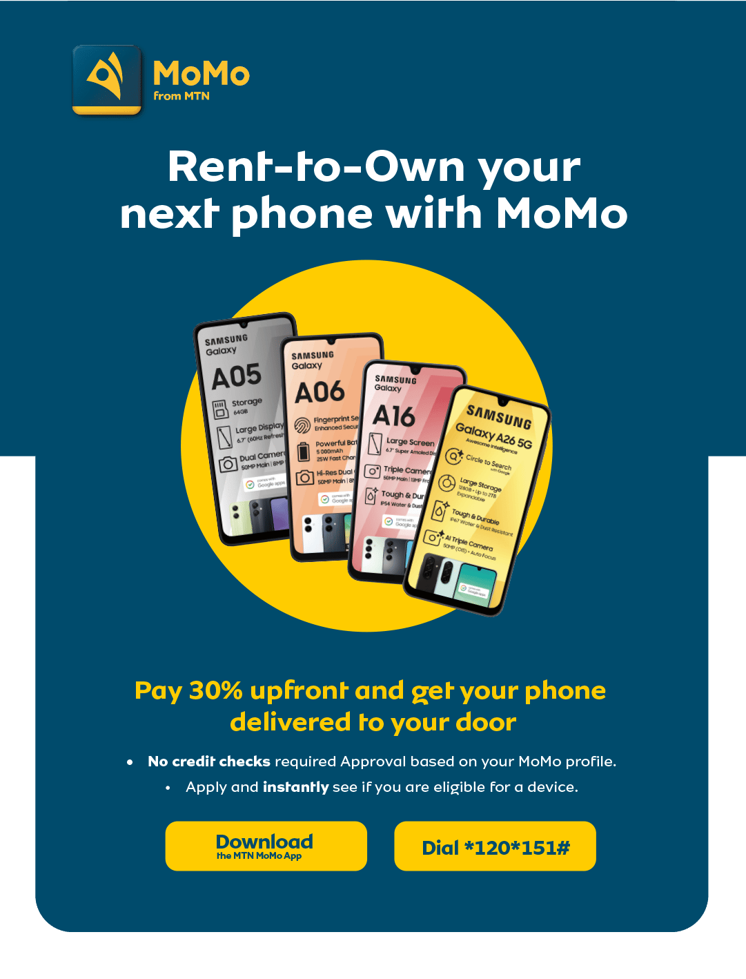 MoMo Rent-to-Own Samsung Galaxy phones: 30% upfront, no credit check, delivered to your door.