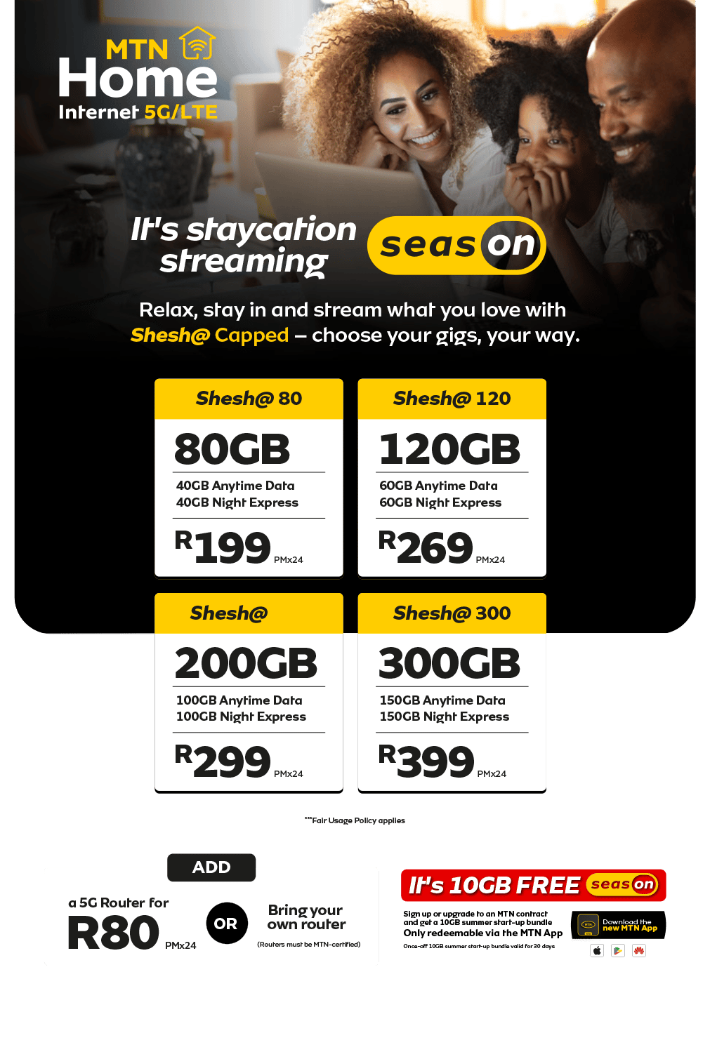 MTN Home Internet 5G/LTE ad: family streaming, data plans, router options, and free 10GB.