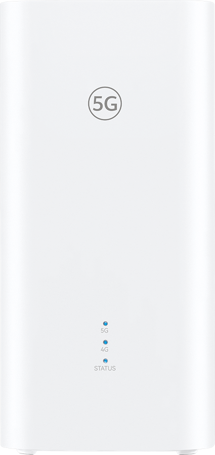 White 5G router with a 5G logo and blue indicator lights for 5G, 4G, and status.