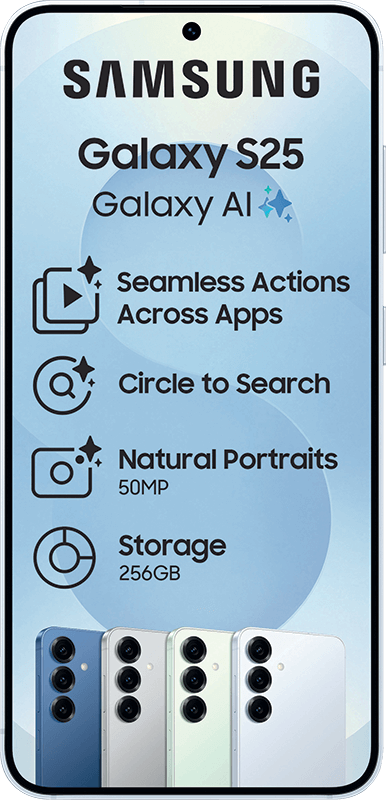 Samsung Galaxy S25 phone highlighting AI, 50MP camera, 256GB storage, and phone colors.