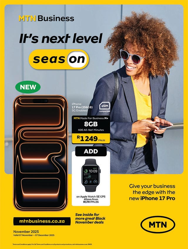 MTN Business ad: iPhone 17 Pro, Apple Watch SE deals. Smiling businesswoman, phone illustration.