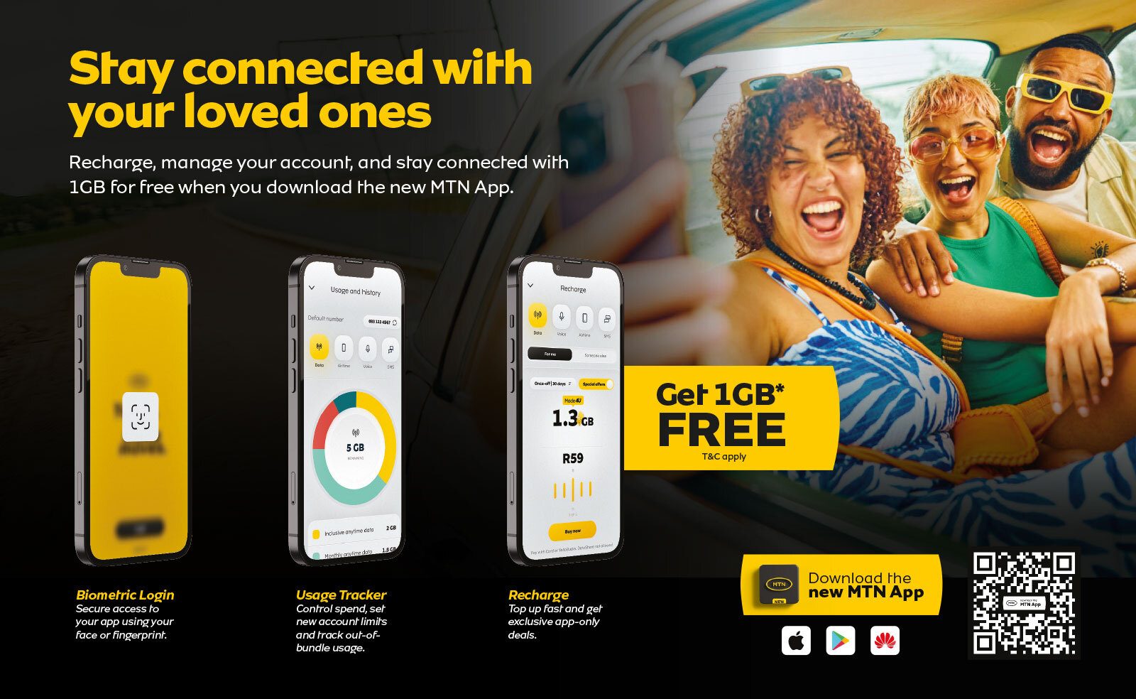MTN App ad: Download for 1GB free. Stay connected & manage account via biometrics, usage, recharge.