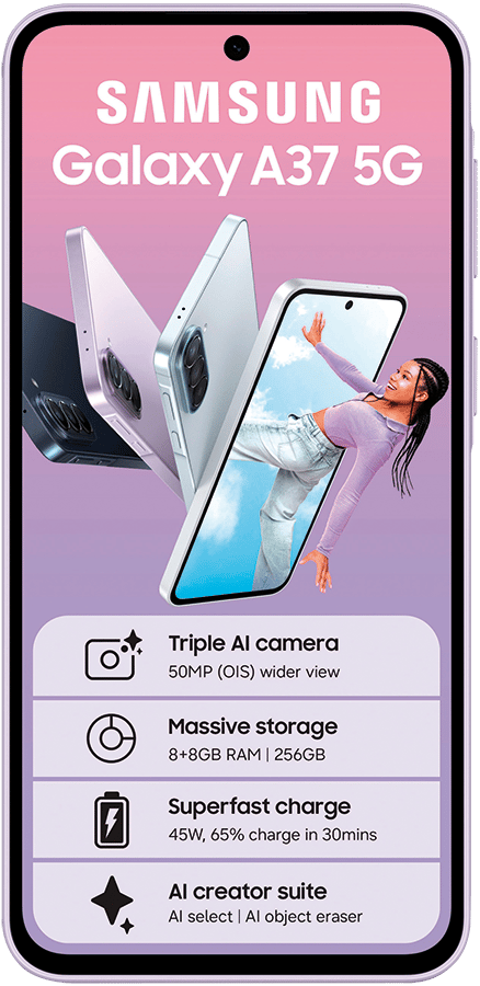 Samsung Galaxy A37 5G phone with triple AI camera, massive storage, superfast charge, and AI creator suite.
