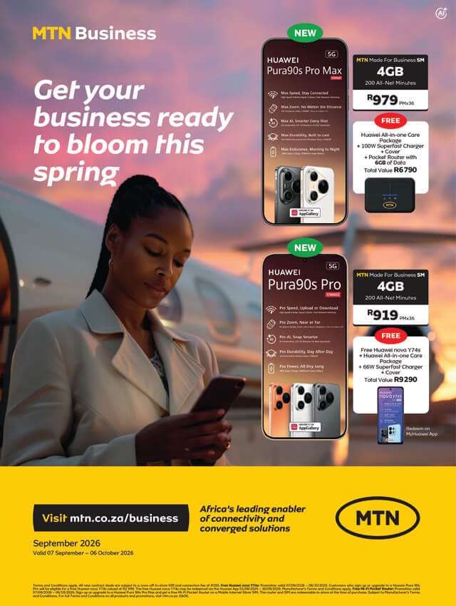 MTN Business ad promoting Huawei Pura90s phones with spring deals, featuring a woman with a phone.