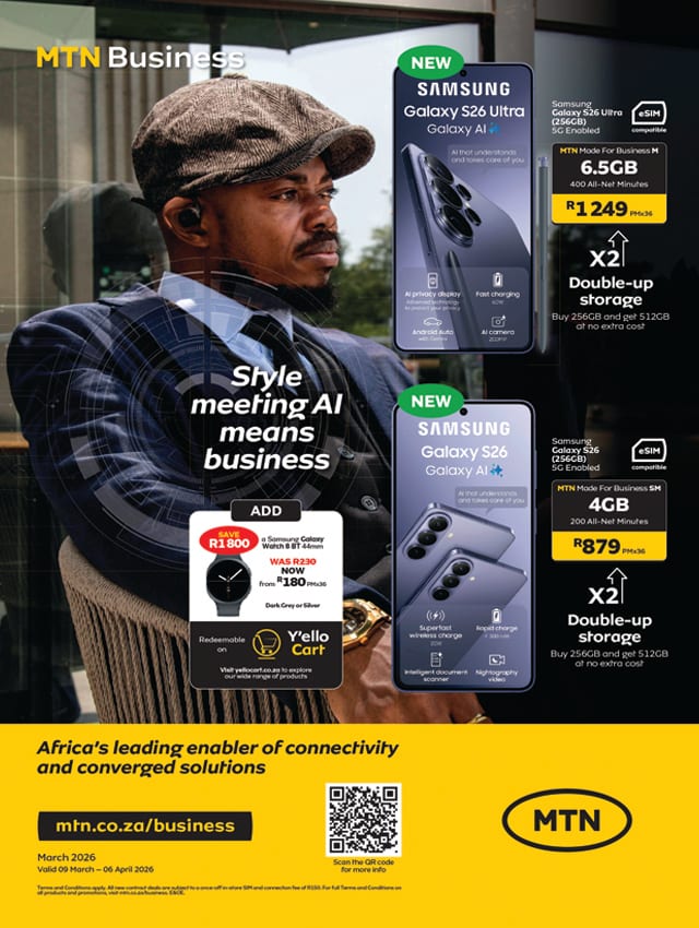 MTN Business ad: Man in suit, Samsung Galaxy S26 Ultra & S26 phones, and Galaxy Watch offers.