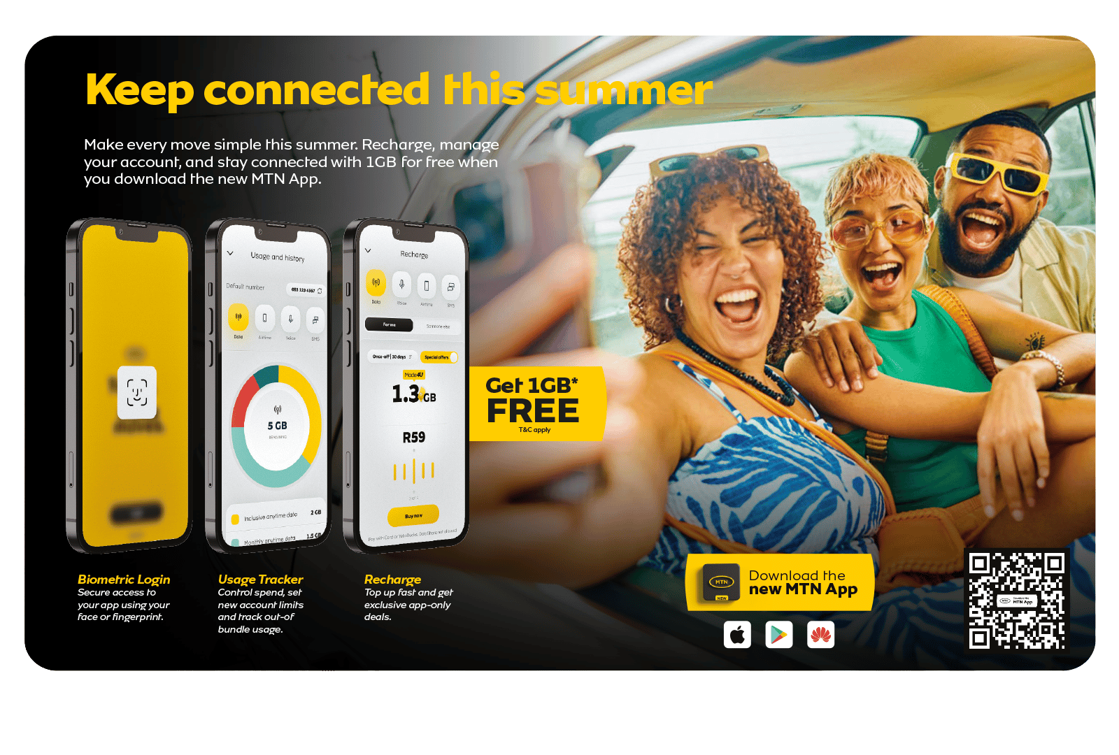 MTN App ad: summer offer, 1GB free download bonus, showing app screens and happy friends in a car.