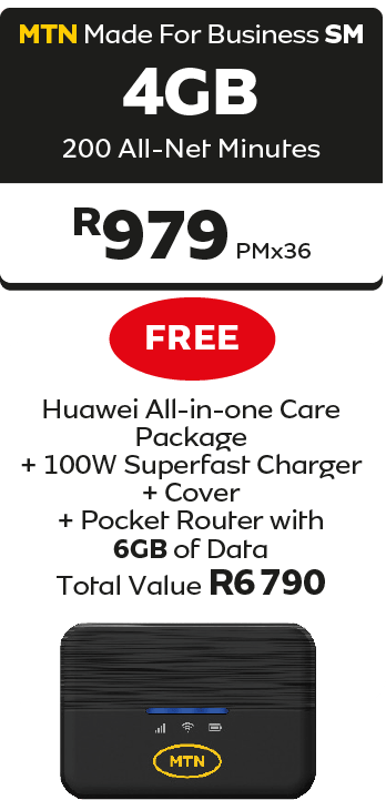 MTN Business deal with 4GB data, 200 all-net minutes for R979 PMx36, plus a FREE Huawei bundle.
