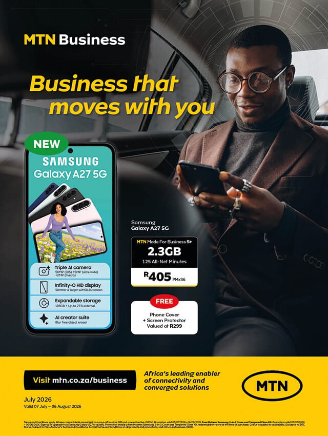 MTN Business ad featuring a man using a Samsung Galaxy A27 5G phone with a special data and minute deal.