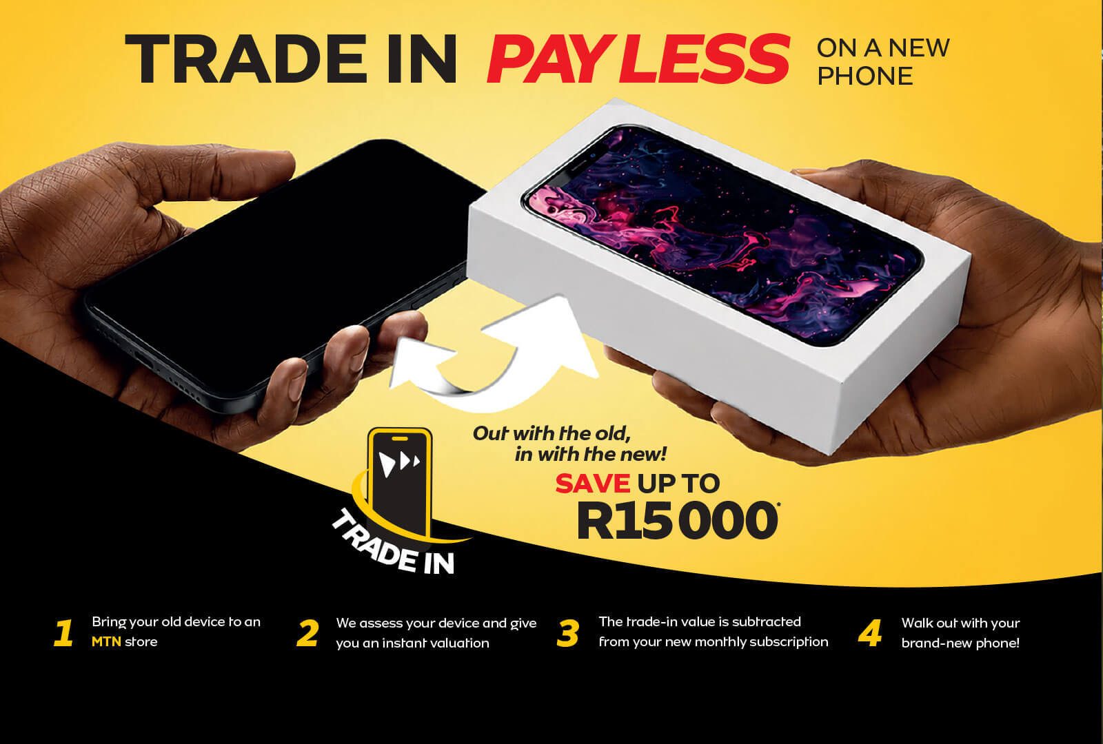 An advertisement showing hands exchanging an old smartphone for a new boxed one, promoting a "Trade In, Pay Less" offer with savings up to R15000.