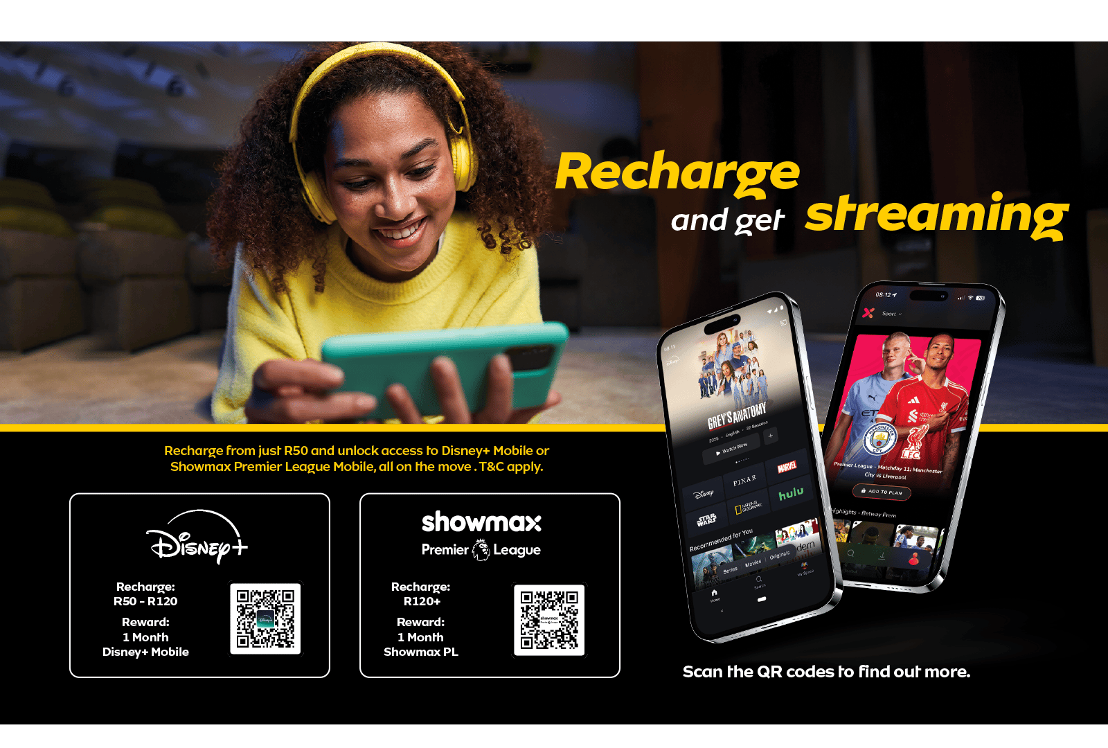 Smiling person streams on phone. Ad: Recharge for Disney+ Mobile or Showmax PL access. Scan QR codes.