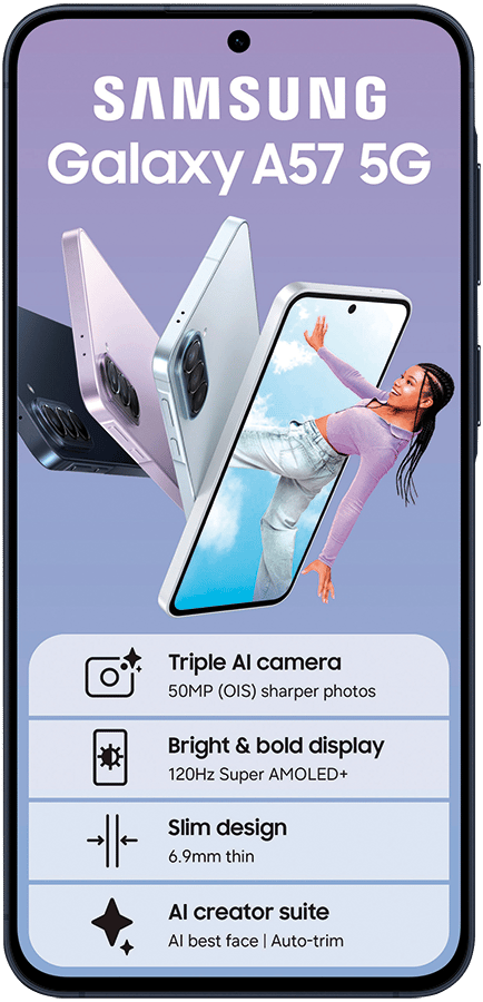 Samsung Galaxy A57 5G phone highlights: triple AI camera, bright display, slim design, AI creator suite.