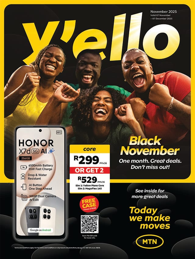 MTN ad: Y'ello with happy people, HONOR X7d phone deals from R299, and "Black November" offers.