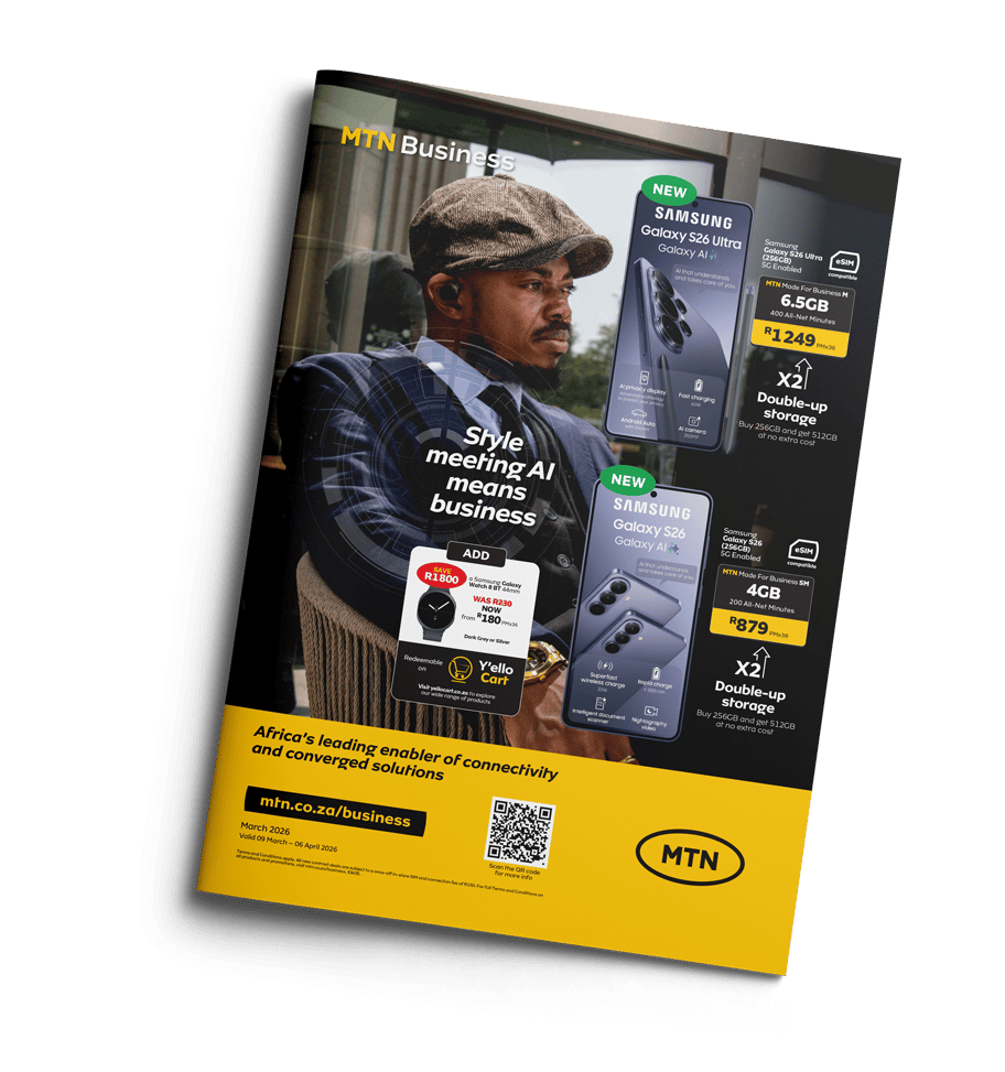 MTN Business ad featuring a man in a business suit, two Samsung Galaxy S26 phones, and a smartwatch.