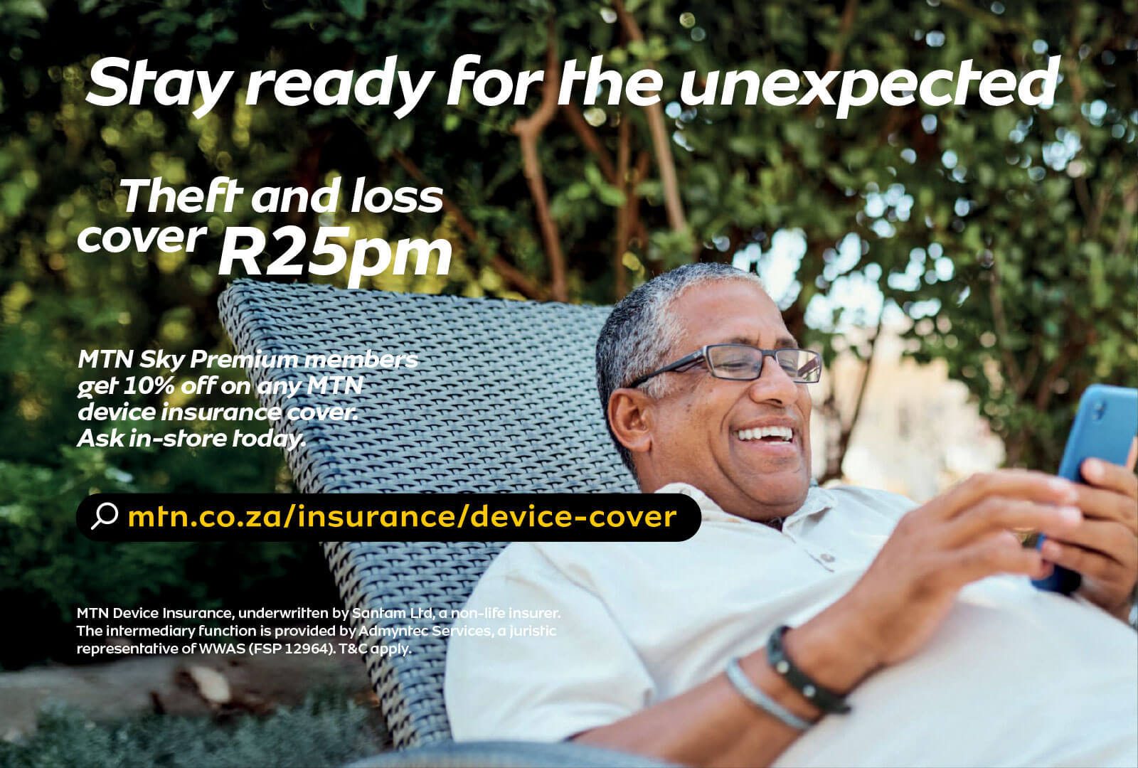 MTN ad: A man laughs, using his phone. Theft and loss cover for R25pm for MTN devices.