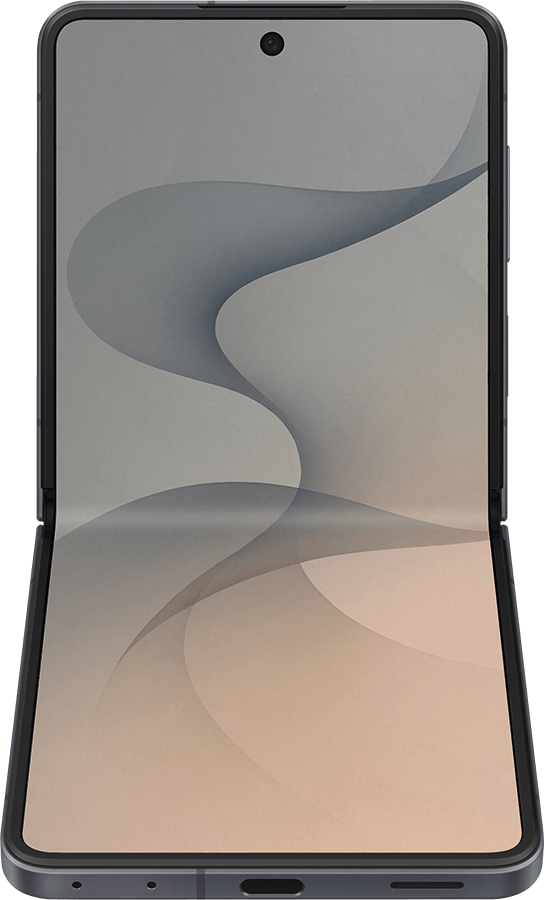 Foldable dark gray smartphone, partially folded, with an abstract wavy wallpaper on its screen.