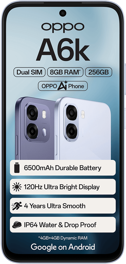 An Oppo A6k smartphone highlighting features like 8GB RAM, 256GB storage, 6500mAh battery, 120Hz display, and IP64 rating.